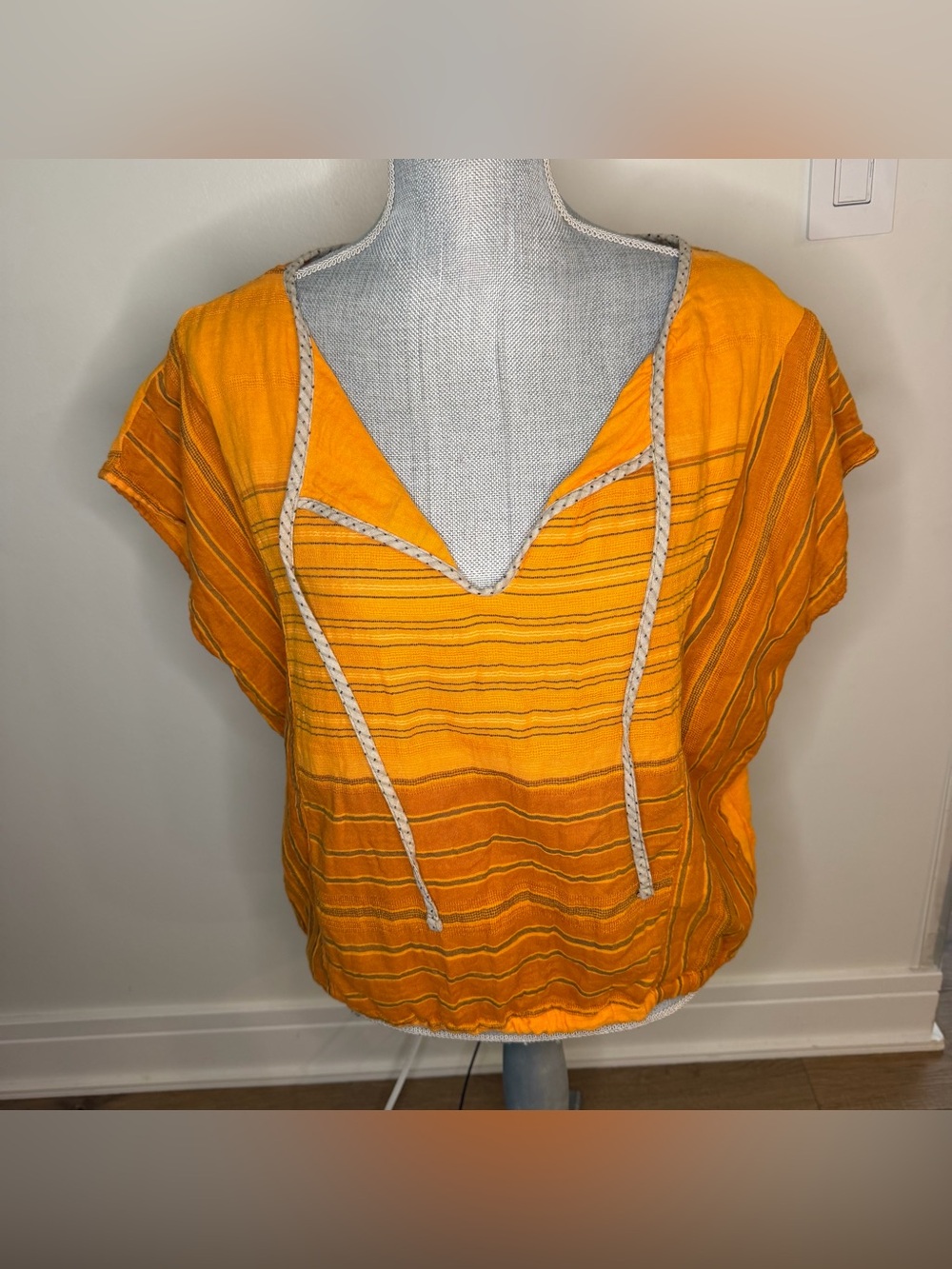 Prana Vibrant Orange Striped V-Neck sleeveless cotton shirt , L